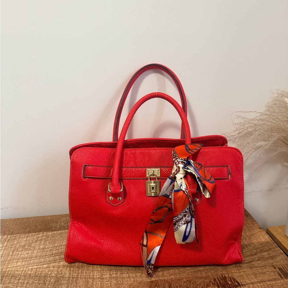 Red Beautiful Handbag with Scarf Accent